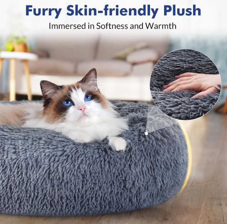 Cat Beds for Indoor Cats, 20 inches Cat Bed Machine Washable, Fluffy Round Pet Bed Non-Slip, Calming Soft Plush Donut Cuddler Cushion Self Warming for Small Dogs Kittens, Dark Grey, Medium
