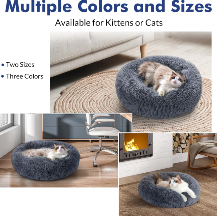 Cat Beds for Indoor Cats, 20 inches Cat Bed Machine Washable, Fluffy Round Pet Bed Non-Slip, Calming Soft Plush Donut Cuddler Cushion Self Warming for Small Dogs Kittens, Dark Grey, Medium