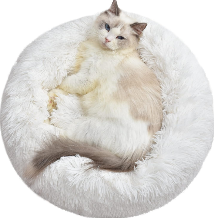 Cat Bed Calming Soft Indoor,Washable,Anti-Slip Bottom,Cozy Plush Anti-Anxiety Fluffy Cuddler,20",White
