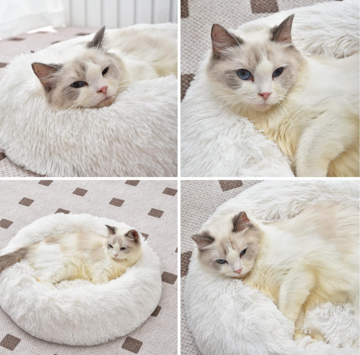 Cat Bed Calming Soft Indoor,Washable,Anti-Slip Bottom,Cozy Plush Anti-Anxiety Fluffy Cuddler,20",White