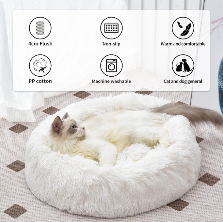 Cat Bed Calming Soft Indoor,Washable,Anti-Slip Bottom,Cozy Plush Anti-Anxiety Fluffy Cuddler,20",White