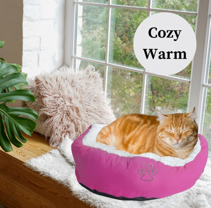 Cat Bed, Plush Round Cat Beds for Indoor Cats, Warm & Ultra Soft, Machine Washable, Removable Comfy Cushion, Calming Pet Bed, Assorted Colors