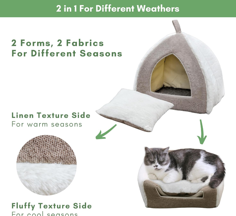 Cat Bed Cave for Indoor Cats, Cat Hideaway Bed, Cat Tent Bed, Cat Hut, Covered Cat Bed Hideaway, Cat Beds for Indoor Cats, Small Cat House, Cream & Brown