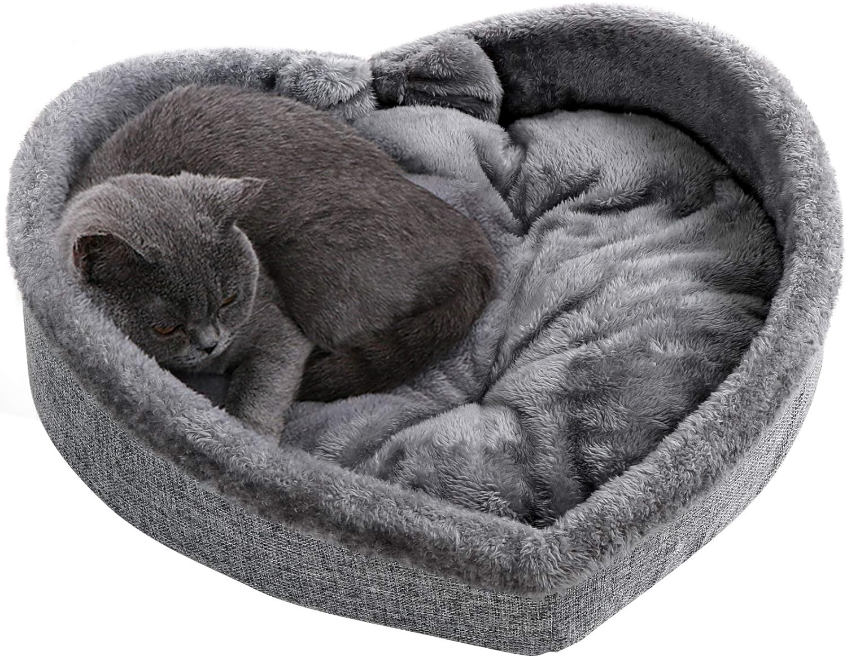 Heart Cat Pet Bed for Cats or Small Dogs, Ultra Soft Short Plush, Anti-Slip Bottom, Washable High Resilience PP Cotton, Comfortable Self Warming Autumn Winter Indoor Sleeping Cozy Kitty Teddy