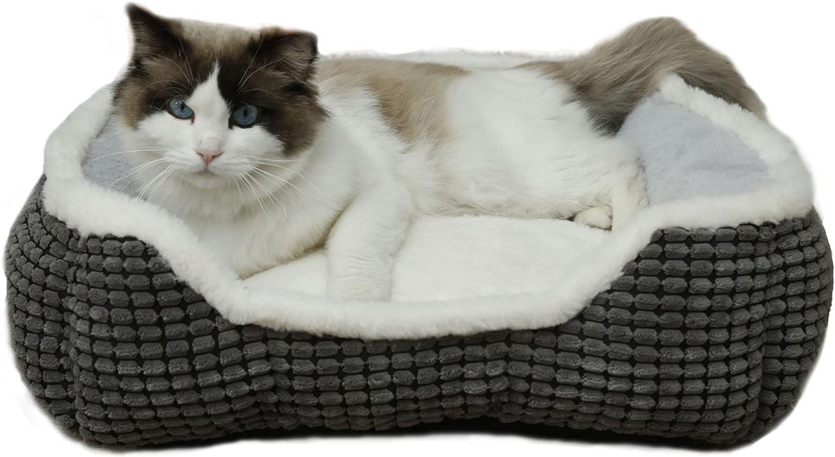Dog Bed for Small Dogs,Cute Cat Bed for Indoor Cats,Washabel Super Soft Durable Kitten Bed and Puppy Bed, Anti-Slip & Water-Resistant Bottom,Luxury Square Grey Small aninal Bed