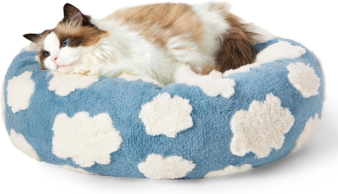 Lesure Cat Beds for Indoor Cats - Round Cat Bed Donut Small Dog Bed Calming Pet Beds, Cute Modern Beds with Jacquard Shaggy Plush & Anti Slip Bottom, 20 Inch, Blue