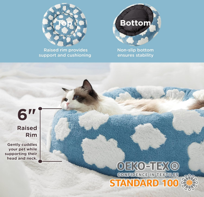 Lesure Cat Beds for Indoor Cats - Round Cat Bed Donut Small Dog Bed Calming Pet Beds, Cute Modern Beds with Jacquard Shaggy Plush & Anti Slip Bottom, 20 Inch, Blue
