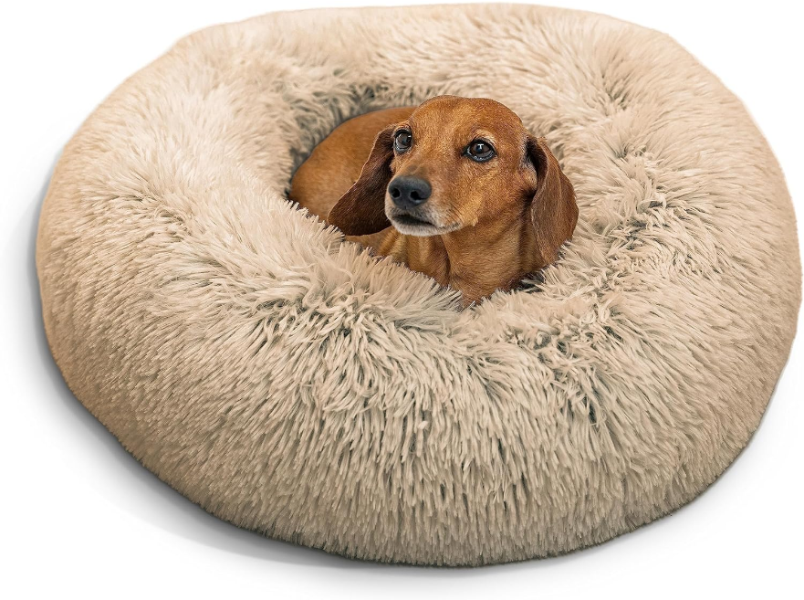 The Original Calming Donut Cat and Dog Bed in Shag Fur Taupe, Small 23"