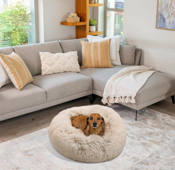 The Original Calming Donut Cat and Dog Bed in Shag Fur Taupe, Small 23"