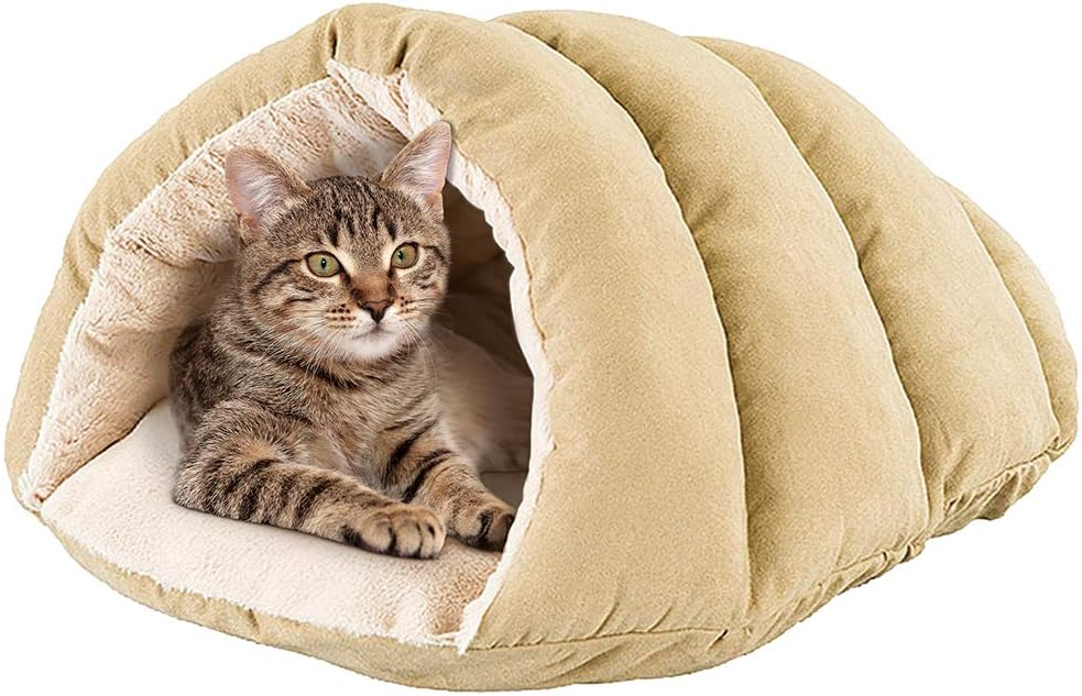 Cuddle Cave Dog Bed for Cats & Small Dogs Calming & Cozy Covered Sleeping Cushion for Cuddlers & Burrowers, Tan, 22.0" L x 17.0" W x 10.0" Th