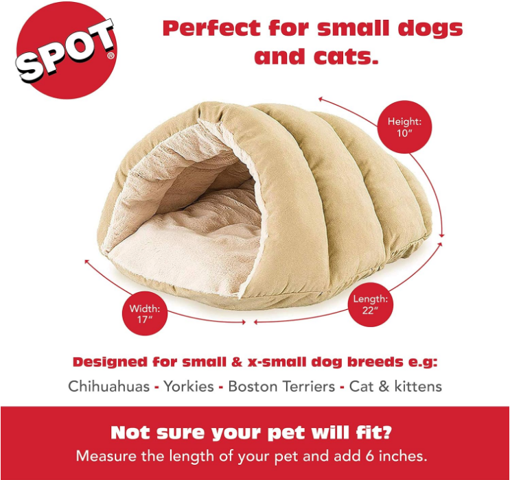 Cuddle Cave Dog Bed for Cats & Small Dogs Calming & Cozy Covered Sleeping Cushion for Cuddlers & Burrowers, Tan, 22.0" L x 17.0" W x 10.0" Th