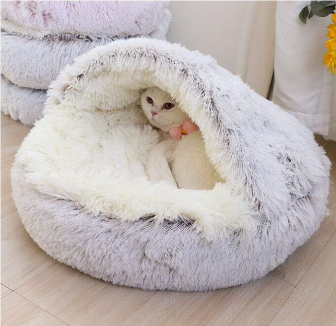 Small Dog Bed & Cat Bed, Round Donut Calming Cat Beds, Anti-Anxiety Cave Bed with Hooded Blanket for Warmth and Security - Machine Washable, Water/Dirt Resistant Base (Up 6 Pound)