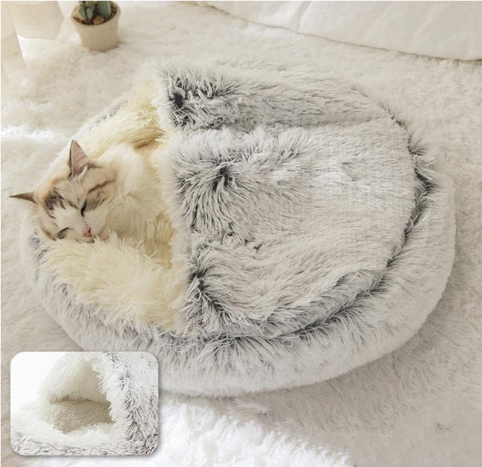 Small Dog Bed & Cat Bed, Round Donut Calming Cat Beds, Anti-Anxiety Cave Bed with Hooded Blanket for Warmth and Security - Machine Washable, Water/Dirt Resistant Base (Up 6 Pound)