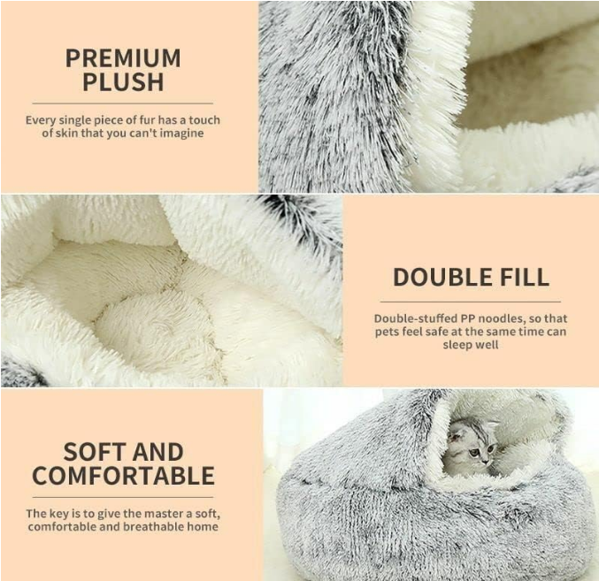 Small Dog Bed & Cat Bed, Round Donut Calming Cat Beds, Anti-Anxiety Cave Bed with Hooded Blanket for Warmth and Security - Machine Washable, Water/Dirt Resistant Base (Up 6 Pound)