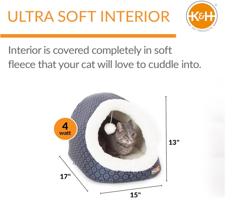 Thermo-Pet Cave Heated Cat Bed - Gray/Geo Flower 17 X 15 X 13 Inches