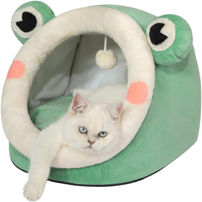 Cute Cat Bed, Indoor Lovely Crystal Velvet Igloo for Cat and Small Dog, Warm Cave Sleeping Nest Bed for Puppy and Kitten, Green Frog, M.