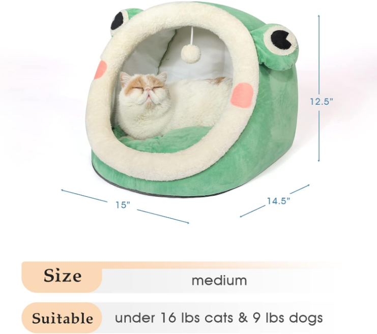 Cute Cat Bed, Indoor Lovely Crystal Velvet Igloo for Cat and Small Dog, Warm Cave Sleeping Nest Bed for Puppy and Kitten, Green Frog, M.