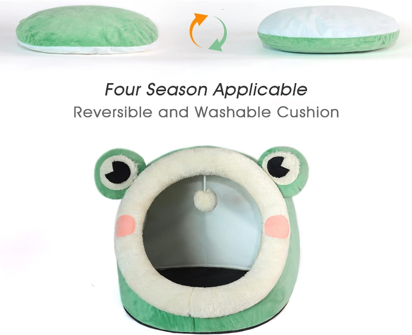 Cute Cat Bed, Indoor Lovely Crystal Velvet Igloo for Cat and Small Dog, Warm Cave Sleeping Nest Bed for Puppy and Kitten, Green Frog, M.