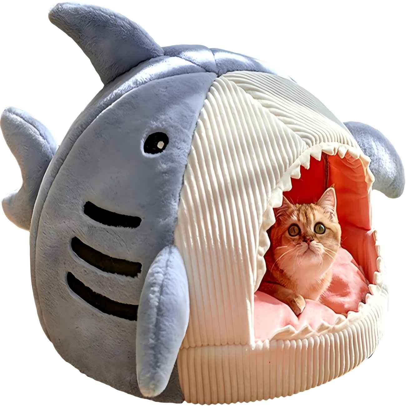 Cat Mat Shark-Shaped Kennel Kitten Bed Hideout House Warm Soft Comfortable Semi-Closed Cat Dog Nest Blue L