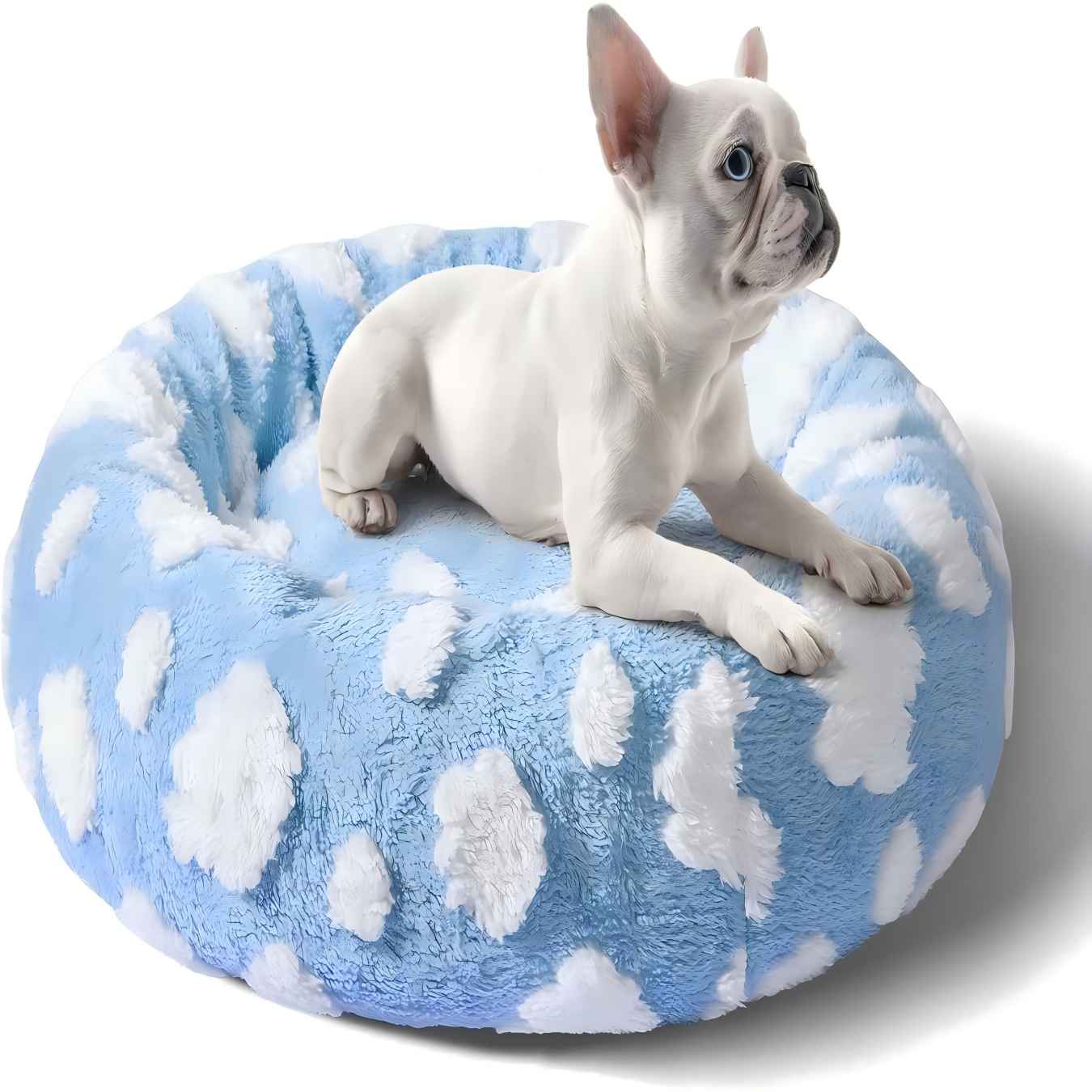 Donut Dog Bed for Medium Dogs 31 Inch Round Claming Round Dog Beds Circle Cuddler Pet Bed Fluffy Warm Soft Round Bed Removable Washable Cover Anti-Slip Bottom, Blue/White Cloud