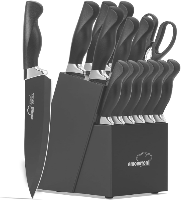 Knife Set, Amorston 15 Pieces Knife Sets for Kitchen with Block, Dishwasher Safe Kitchen Knife Set with Built in Sharpener Block, German Stainless Steel Knife Block Set, Black
