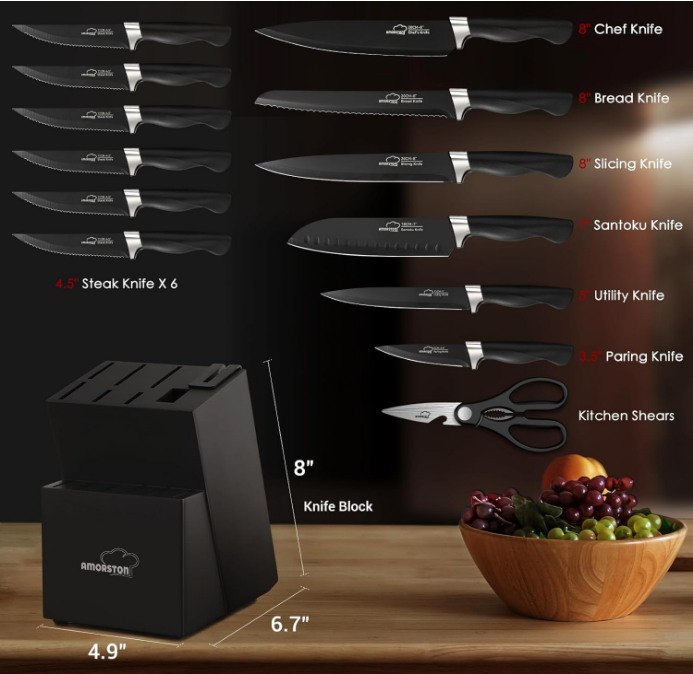 Knife Set, Amorston 15 Pieces Knife Sets for Kitchen with Block, Dishwasher Safe Kitchen Knife Set with Built in Sharpener Block, German Stainless Steel Knife Block Set, Black