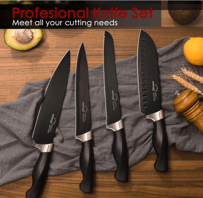Knife Set, Amorston 15 Pieces Knife Sets for Kitchen with Block, Dishwasher Safe Kitchen Knife Set with Built in Sharpener Block, German Stainless Steel Knife Block Set, Black