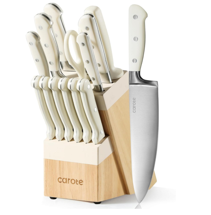 14 Pieces Knife Set with Hardwood Storage Block, Kitchen Knife Set with Block, Sharp Blade Ergonomic Handle, Knife Block Set Dishwasher Safe, White