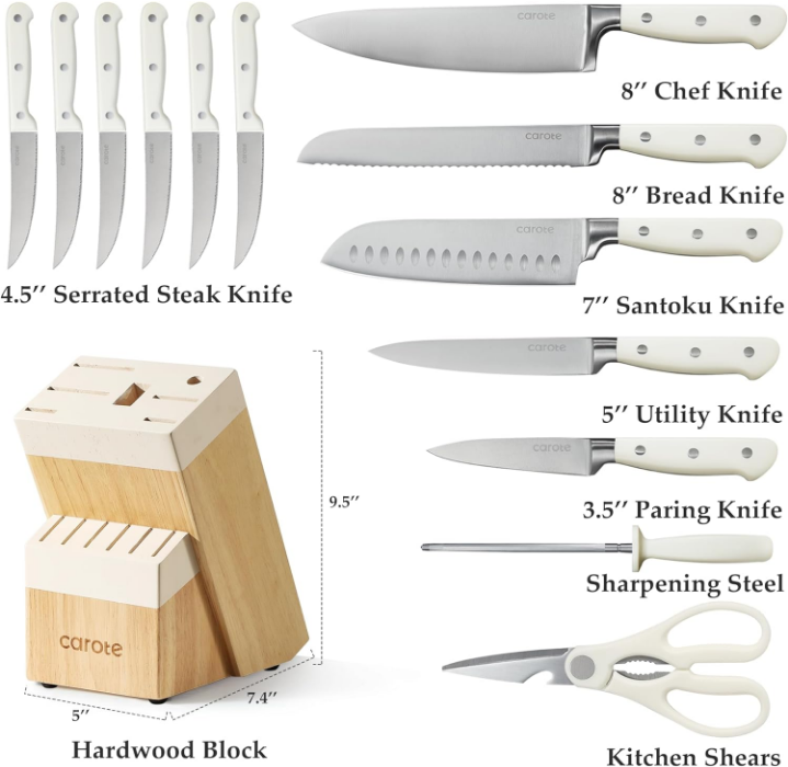 14 Pieces Knife Set with Hardwood Storage Block, Kitchen Knife Set with Block, Sharp Blade Ergonomic Handle, Knife Block Set Dishwasher Safe, White