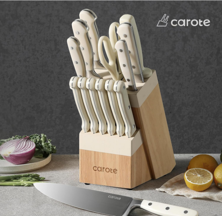 14 Pieces Knife Set with Hardwood Storage Block, Kitchen Knife Set with Block, Sharp Blade Ergonomic Handle, Knife Block Set Dishwasher Safe, White