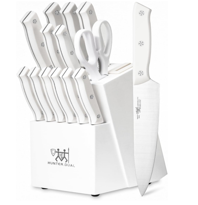 Knife Set, 15 Piece Kitchen Knife Set with Block Self Sharpening, Dishwasher Safe, Anti-slip Handle, White