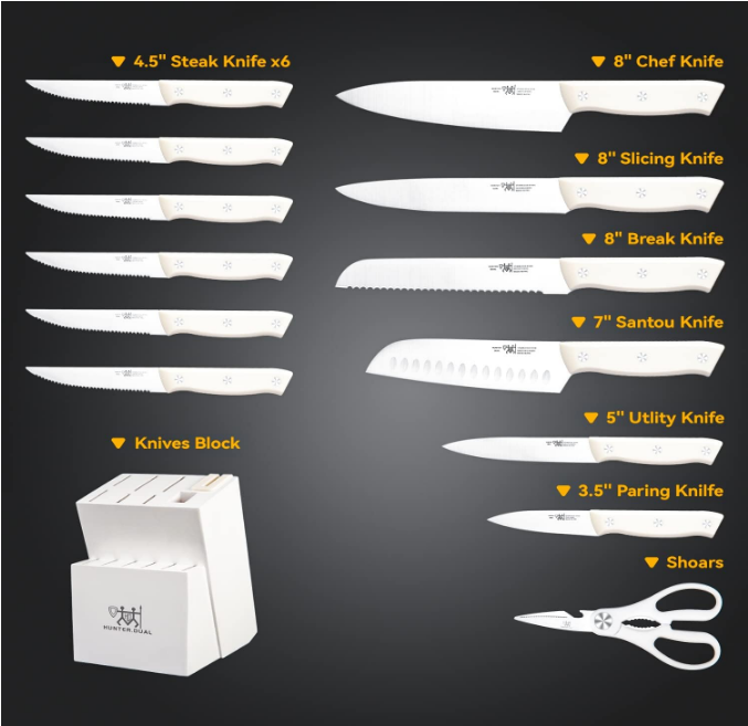 Knife Set, 15 Piece Kitchen Knife Set with Block Self Sharpening, Dishwasher Safe, Anti-slip Handle, White