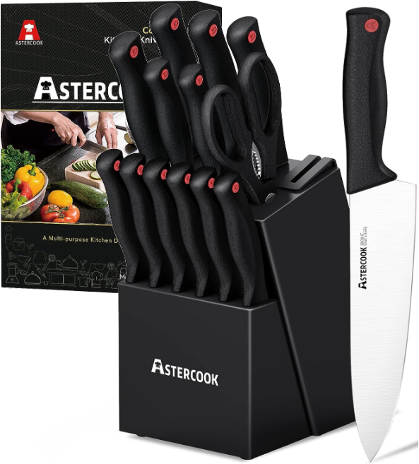 Knife Set, Astercook 15 Pieces Kitchen Knife Set with Built in Sharpener Block, Dishwasher Safe High Carbon Stainless Steel Knife Block Set, Black