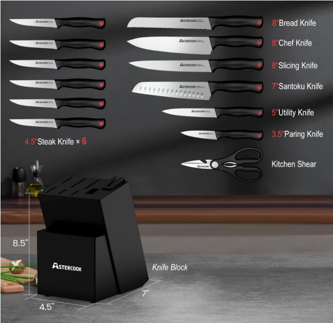 Knife Set, Astercook 15 Pieces Kitchen Knife Set with Built in Sharpener Block, Dishwasher Safe High Carbon Stainless Steel Knife Block Set, Black