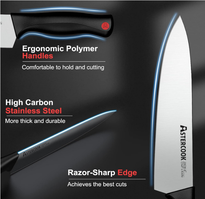 Knife Set, Astercook 15 Pieces Kitchen Knife Set with Built in Sharpener Block, Dishwasher Safe High Carbon Stainless Steel Knife Block Set, Black