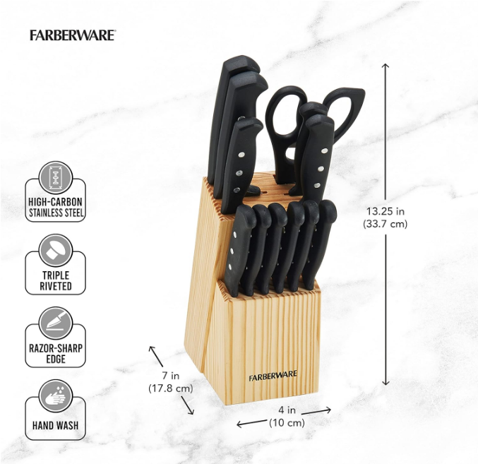 22-Piece Never Needs Sharpening Triple Rivet High-Carbon Stainless Steel Knife Block and Kitchen Tool Set, Black