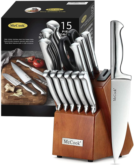 Knife Sets, German Stainless Steel Kitchen Knife Block Sets with Built-in Sharpener