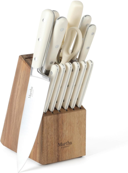 Eastwalk 14 Piece High Carbon Stainless Steel Cutlery Knife Block Set w/ABS Triple Riveted Forged Handle Acacia Wood Block - Linen White
