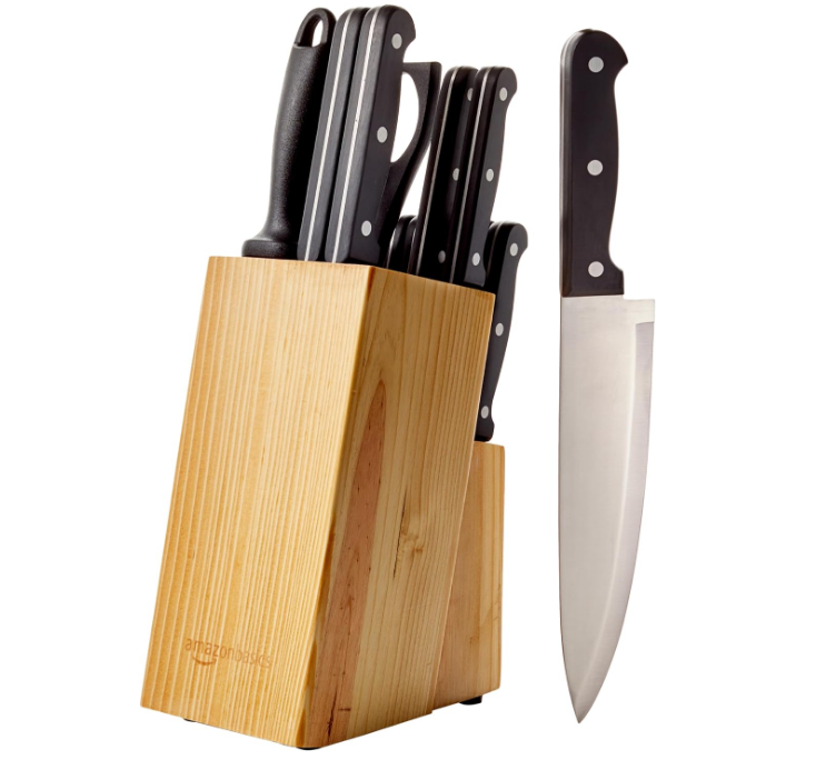 14-Piece Kitchen Knife Set with High-Carbon Stainless-Steel Blades and Pine Wood Block, Black