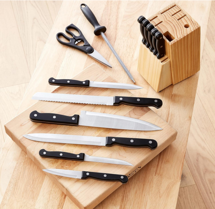 14-Piece Kitchen Knife Set with High-Carbon Stainless-Steel Blades and Pine Wood Block, Black