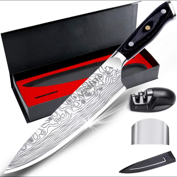 8" Super Sharp Professional Chef's Knife with Finger Guard and Knife Sharpener, German High Carbon Stainless Steel EN1.4116 with Micarta Handle and Gift Box