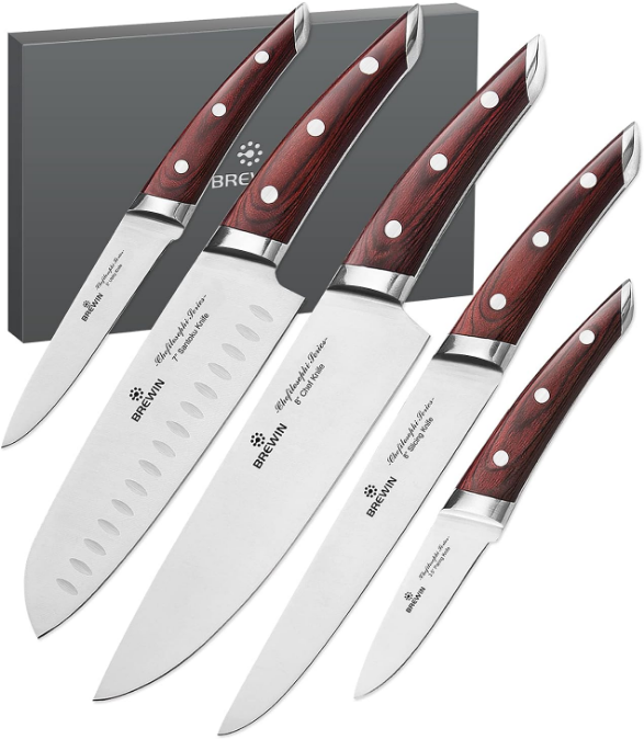 Knife Set 5 PCS with Elegant Red Pakkawood Handle Ergonomic Design,Professional Ultra Sharp Kitchen Knives for Cooking High Carbon Stainless Steel