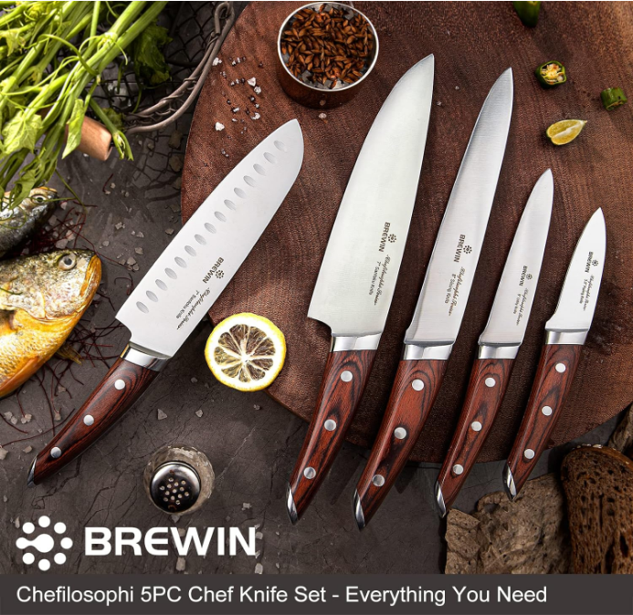 Knife Set 5 PCS with Elegant Red Pakkawood Handle Ergonomic Design,Professional Ultra Sharp Kitchen Knives for Cooking High Carbon Stainless Steel
