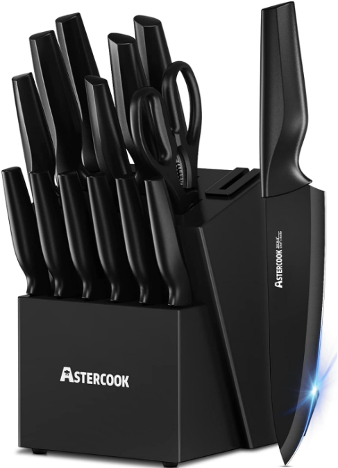 Knife Set, Kitchen Knife Set with Built-in Sharpener Block, Dishwasher Safe, 15 Pieces German Stainless Steel Knife Block Set, Black