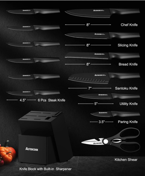 Knife Set, Kitchen Knife Set with Built-in Sharpener Block, Dishwasher Safe, 15 Pieces German Stainless Steel Knife Block Set, Black