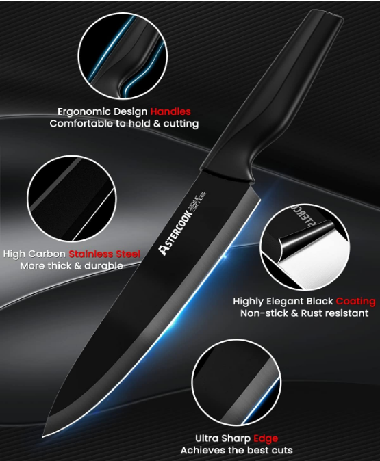 Knife Set, Kitchen Knife Set with Built-in Sharpener Block, Dishwasher Safe, 15 Pieces German Stainless Steel Knife Block Set, Black