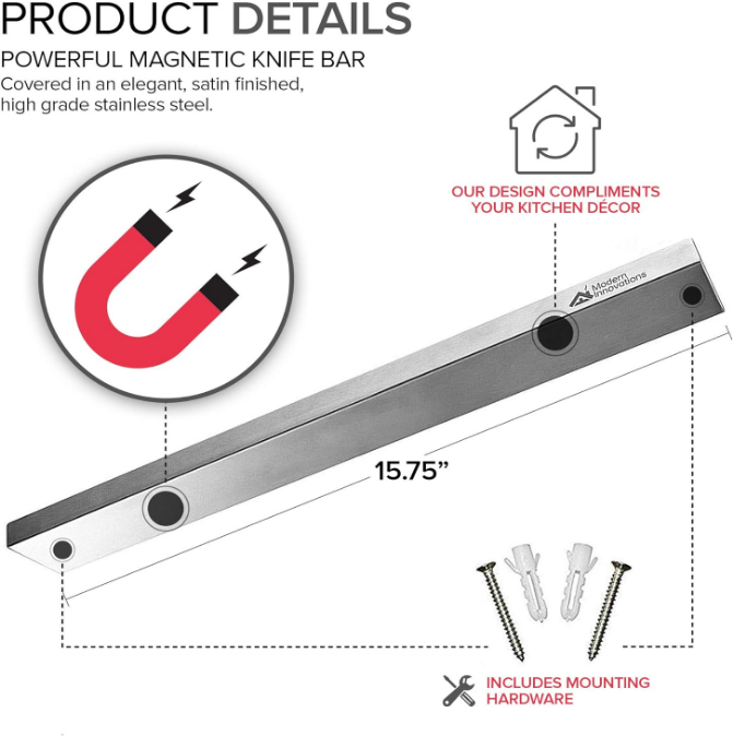 16 Inch Stainless Steel Magnetic Knife Bar with Multi-Purpose Functionality as a Knife Holder, Knife Strip, Magnetic Tool Organizer, Art Supply Organizer & Home Organizer