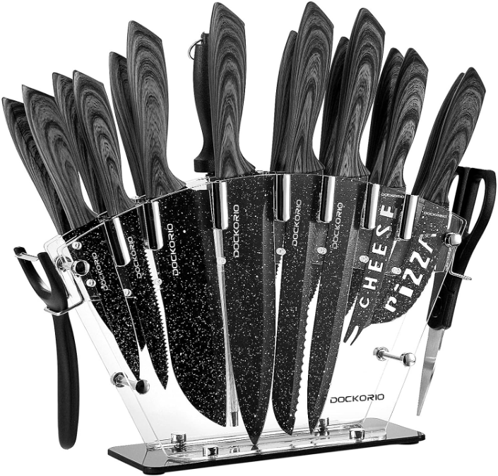  Kitchen Knife Set with Block, 19 PCS High Carbon Stainless Steel Sharp Serrated Steak Knives Set, Chef Knives, Bread Knife, Scissor, Sharpener