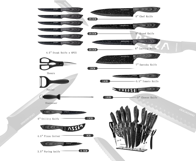  Kitchen Knife Set with Block, 19 PCS High Carbon Stainless Steel Sharp Serrated Steak Knives Set, Chef Knives, Bread Knife, Scissor, Sharpener