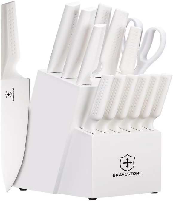 Knife Sets for Kitchen with Block, 15 Pcs Kitchen Knife Set with Block Self Sharpening, Dishwasher Safe, Anti-slip handle, White